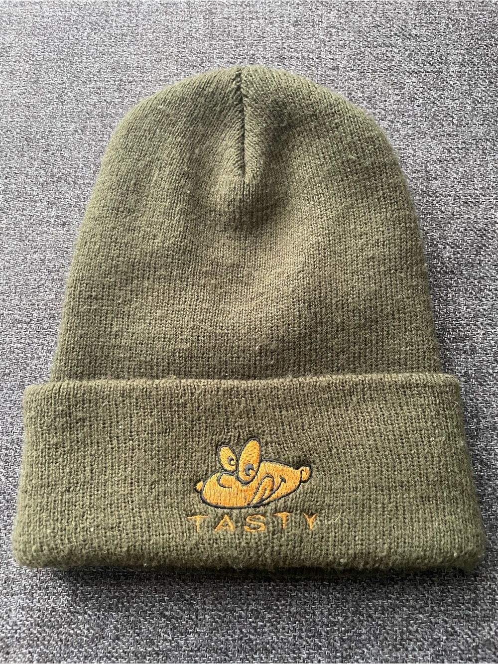 Olive Green Knit Beanie with Yellow 'Tasty' Embroidered Logo